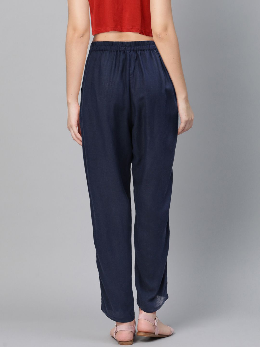 Global Desi Women Navy Blue Regular Fit Solid Regular Trousers