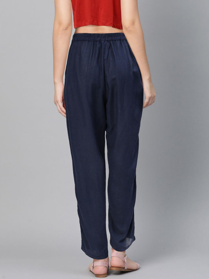 Global Desi Women Navy Blue Regular Fit Solid Regular Trousers