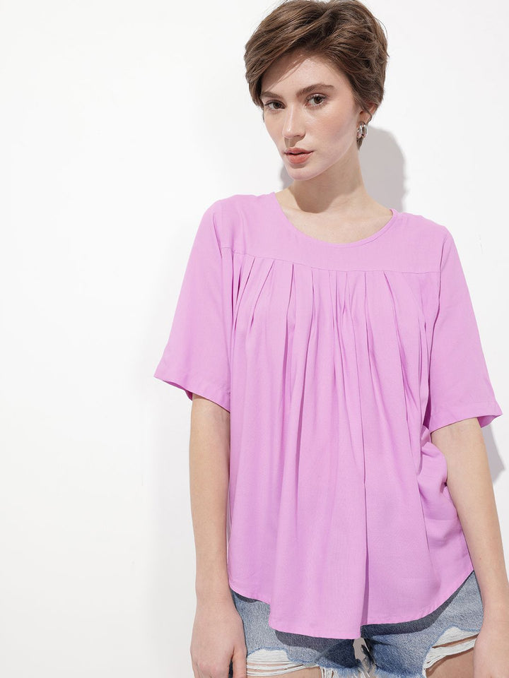 DressBerry Pastel Lilac Pleasing Pleated Flared Top