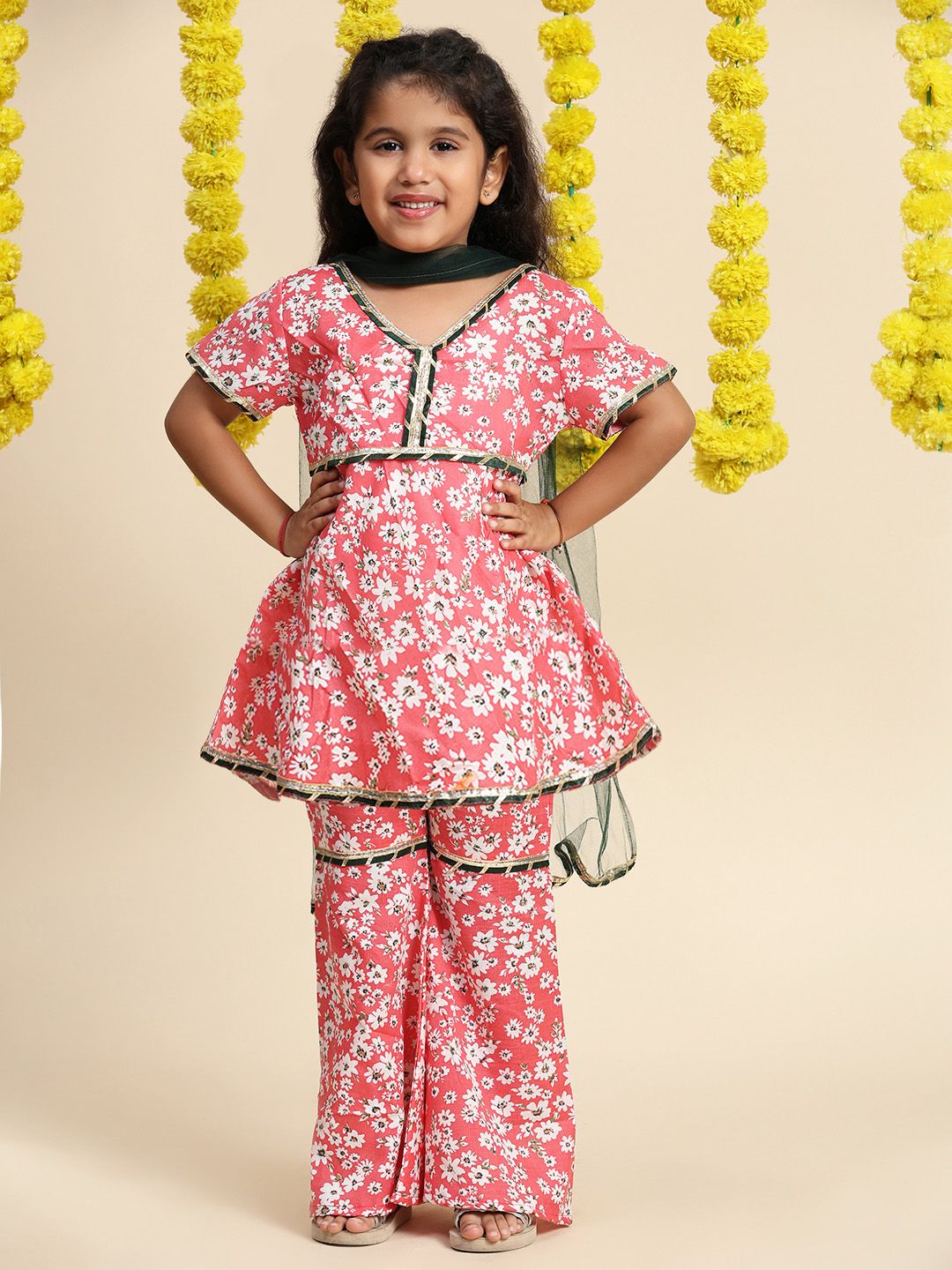 Cutiekins Girls Floral Printed Empire Gotta Patti A-Line Kurti with Sharara & Dupatta