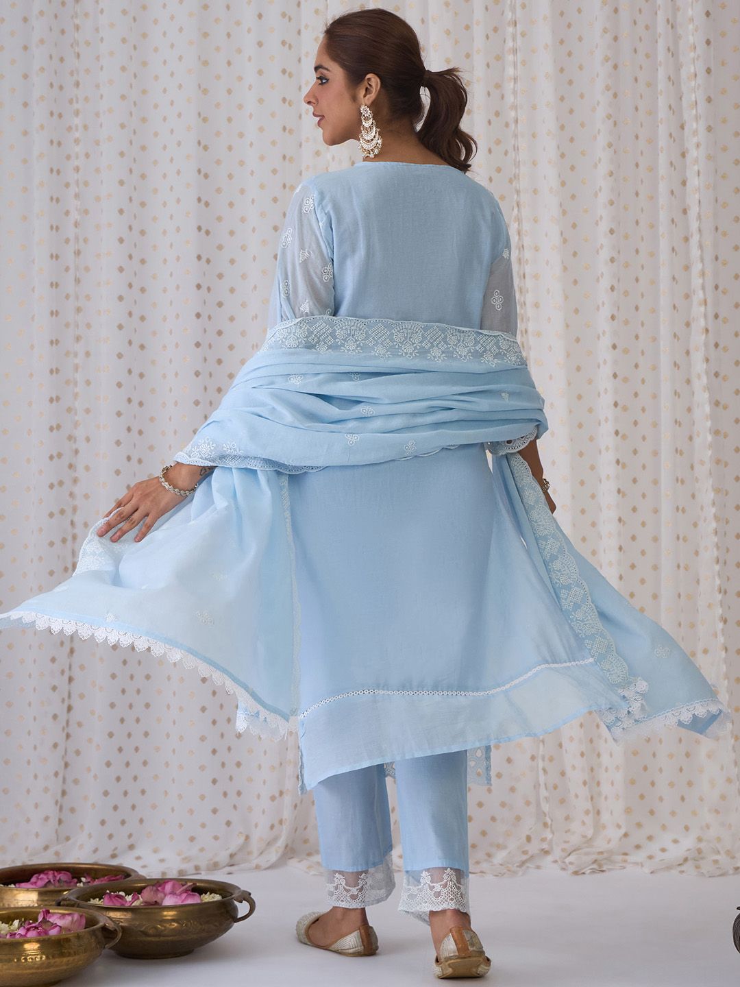 Indo Era Blue Floral Embroidered Thread Work Pure Cotton Kurta With Trousers & Dupatta