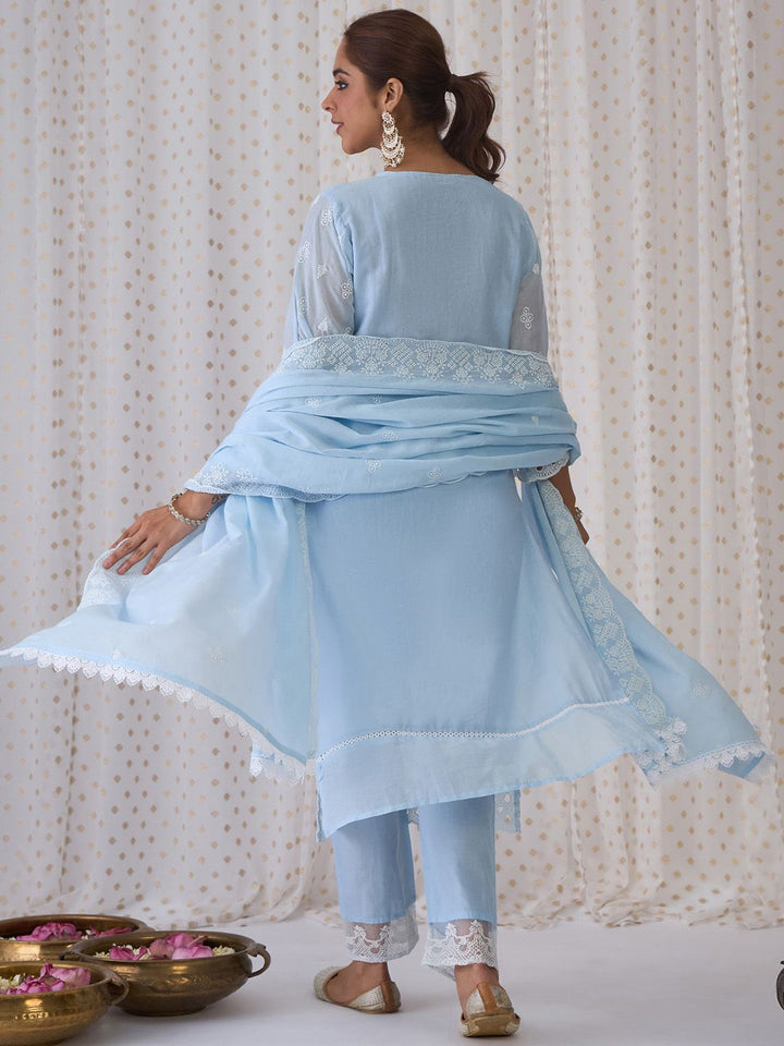 Indo Era Blue Floral Embroidered Thread Work Pure Cotton Kurta With Trousers & Dupatta