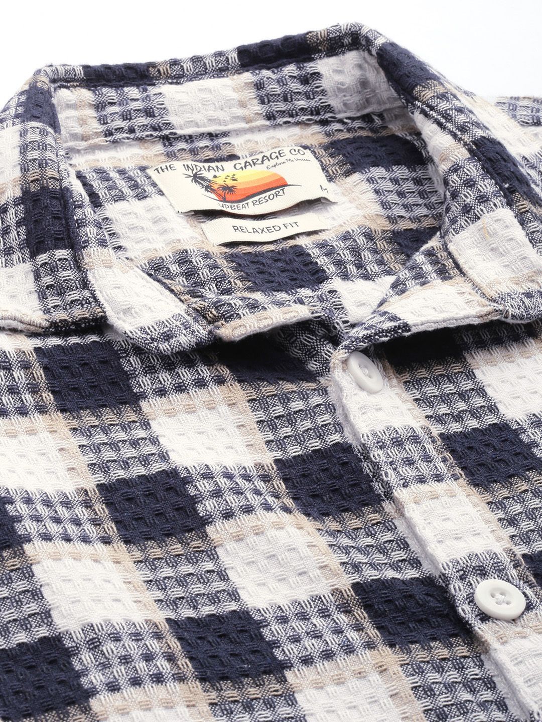 The Indian Garage Co Pure Cotton Textured Checked Drop-Shoulder Relaxed Casual Shirt