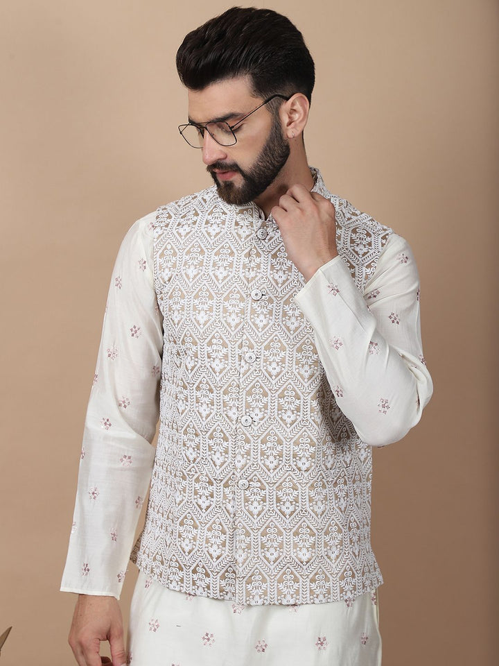 Anouk Cream-Coloured Floral Embroidered Cotton Silk Kurta with Churidar & Nehru Jacket