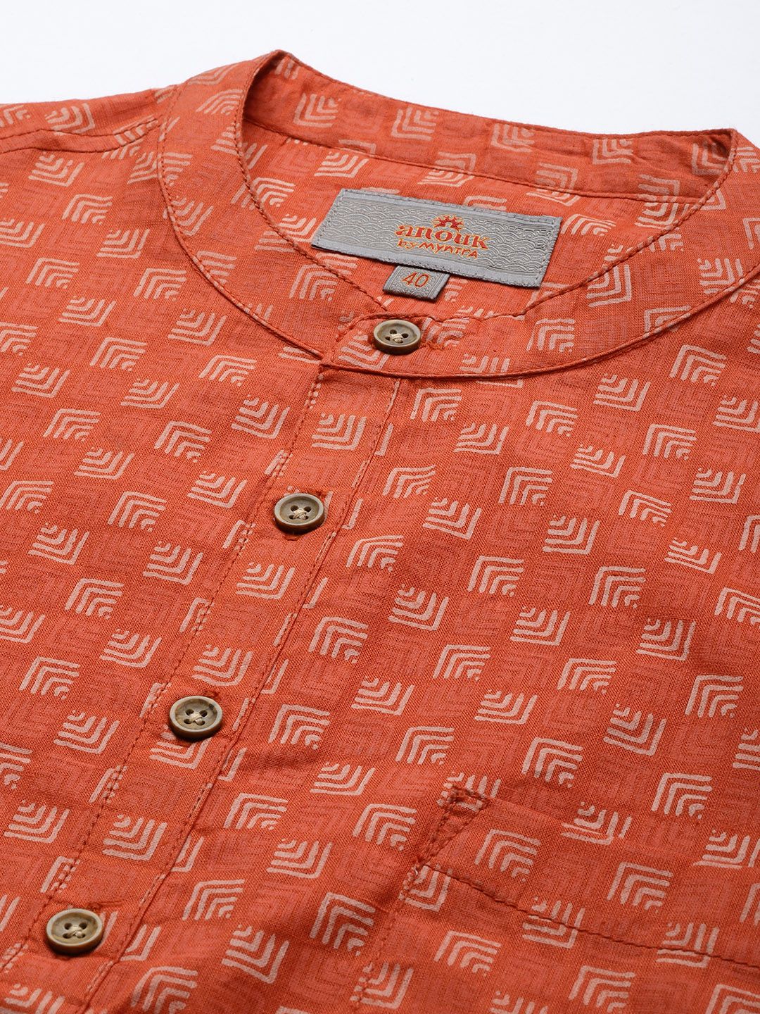 Anouk Men Rust Orange & Off White Geometric Printed Pure Cotton Kurta