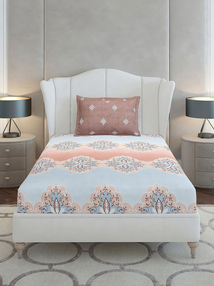 Monte Carlo Brown & Grey Ethnic Motifs Cotton 144 TC Single Bedsheet Set-2.29 m x 1.52 m