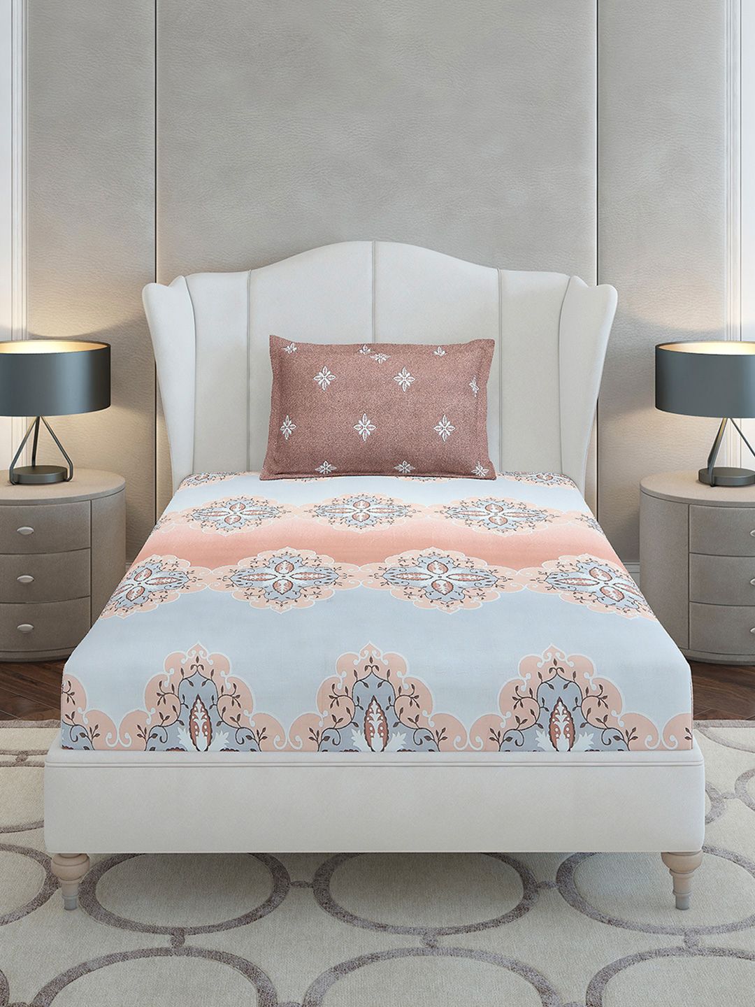 Monte Carlo Brown & Grey Ethnic Motifs Cotton 144 TC Single Bedsheet Set-2.29 m x 1.52 m