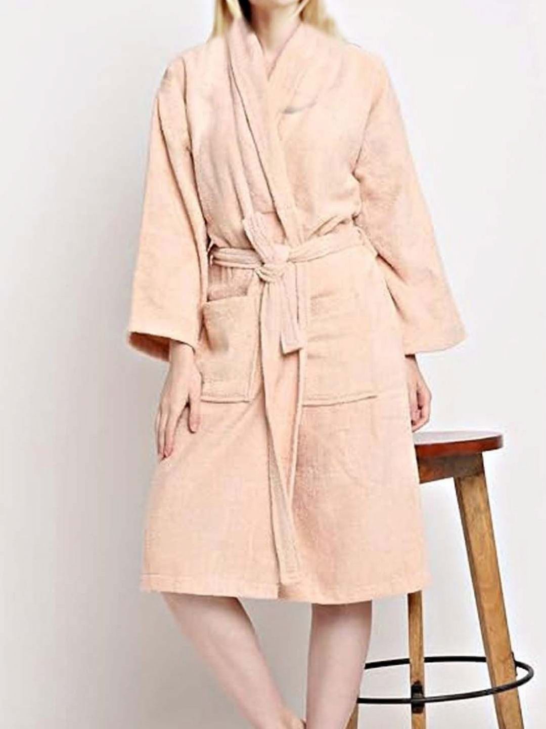 BOMBAY DYEING Peach-Coloured Pure Cotton Bath Robe With Waist belt