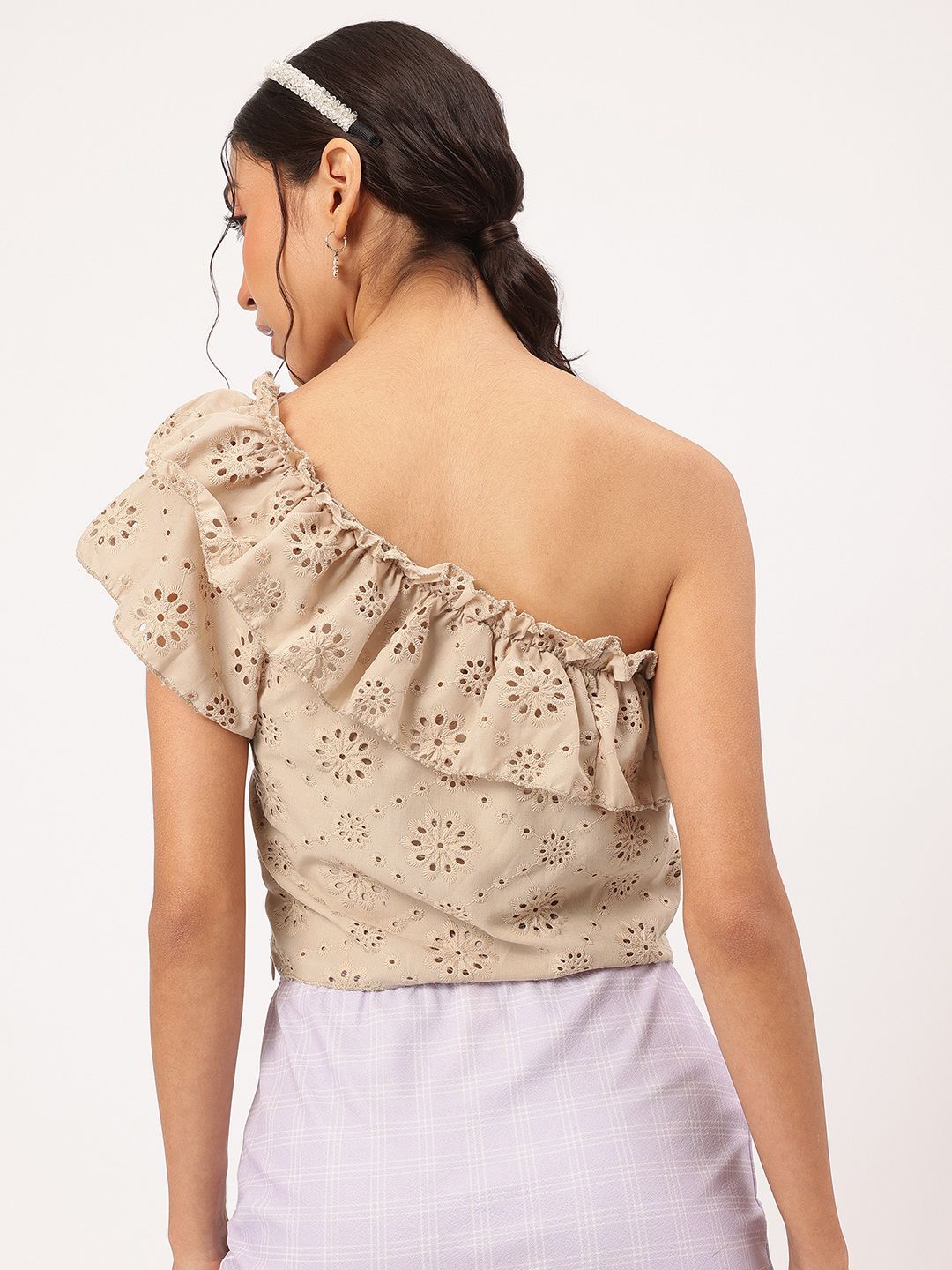 DressBerry Brunch Glamour One-Shoulder Schiffli Ruffled Top