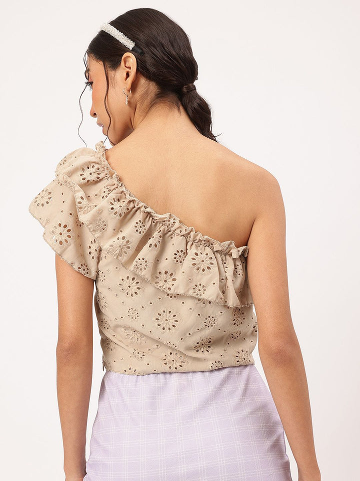 DressBerry Brunch Glamour One-Shoulder Schiffli Ruffled Top