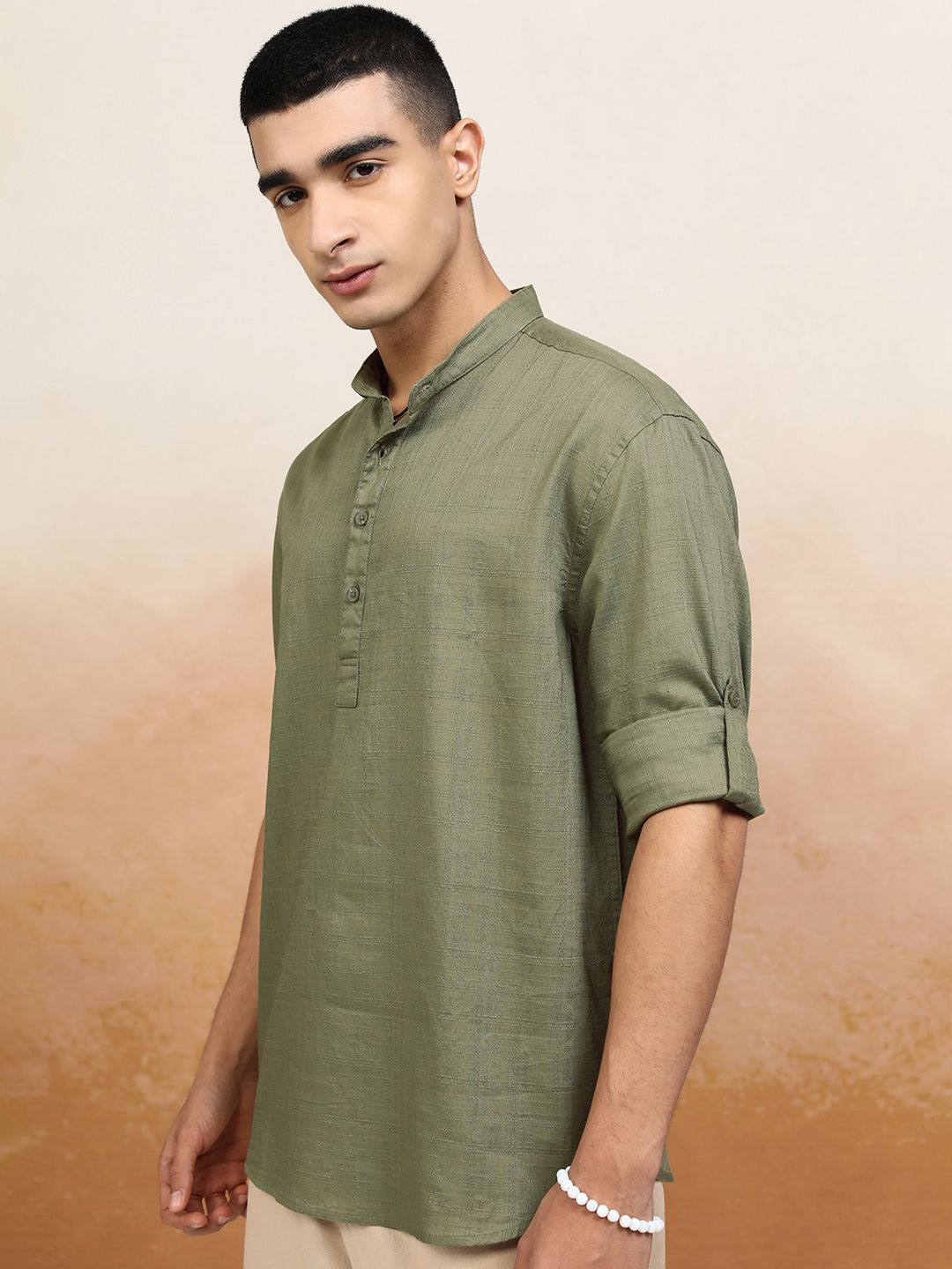HIGHLANDER Men Olive Dobby Textured Solid Mandarin Collar Roll Up Sleeve Relaxed Shirt