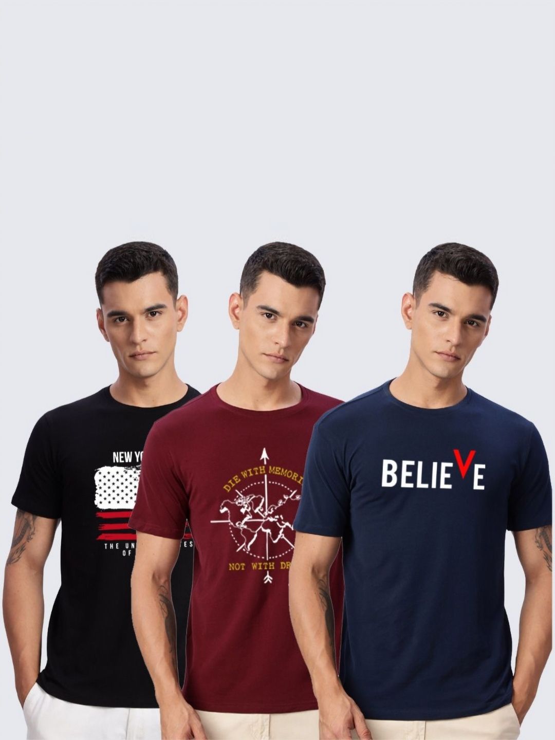 ADRO Pack of 3 Printed Round Neck Cotton T-shirt