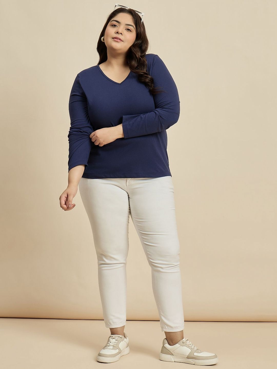 CURVY STREET Women Solid V-Neck Cotton Plus Size T-shirt