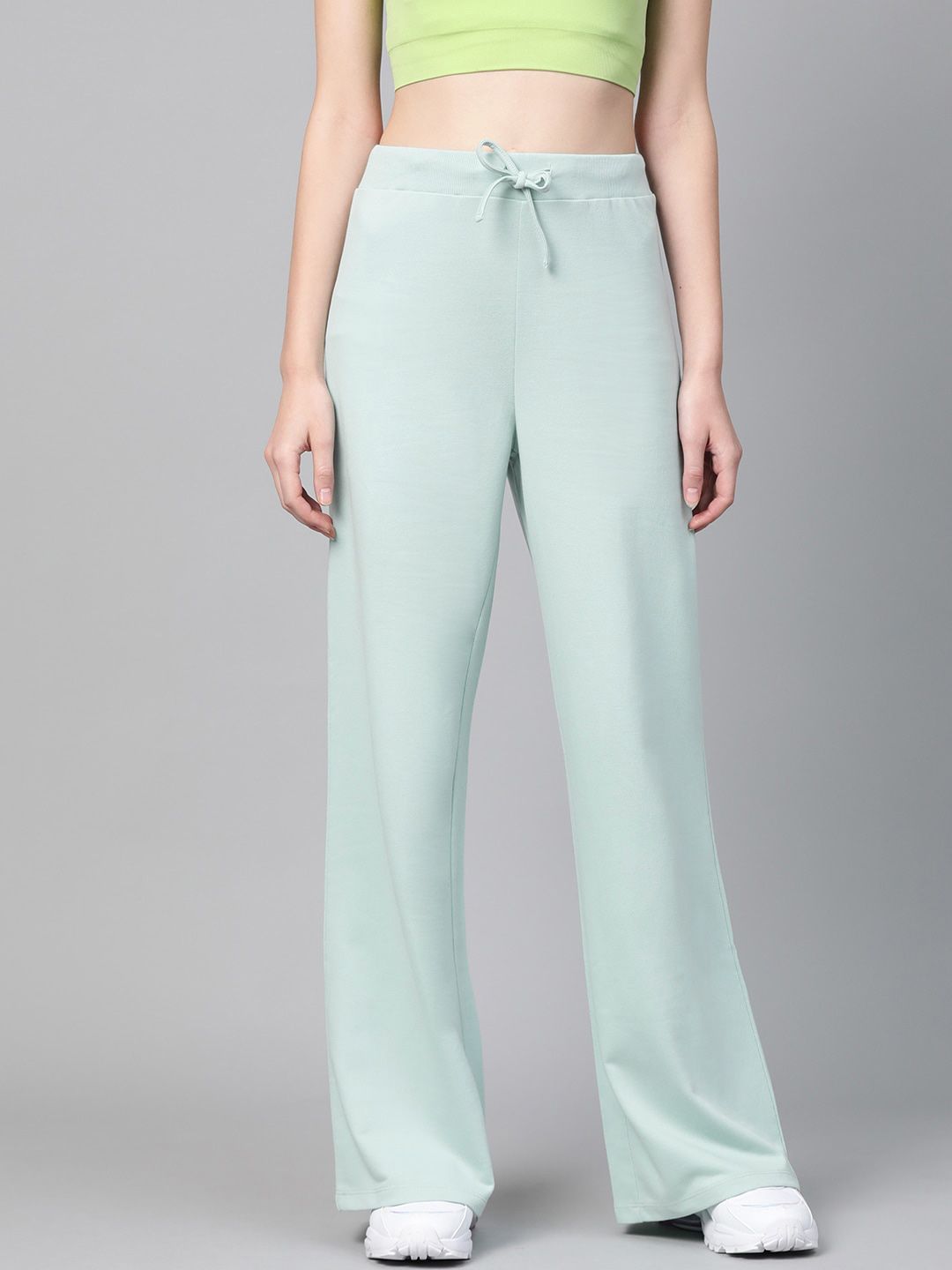 SASSAFRAS Women Mint Green Solid Wide Leg Track Pants