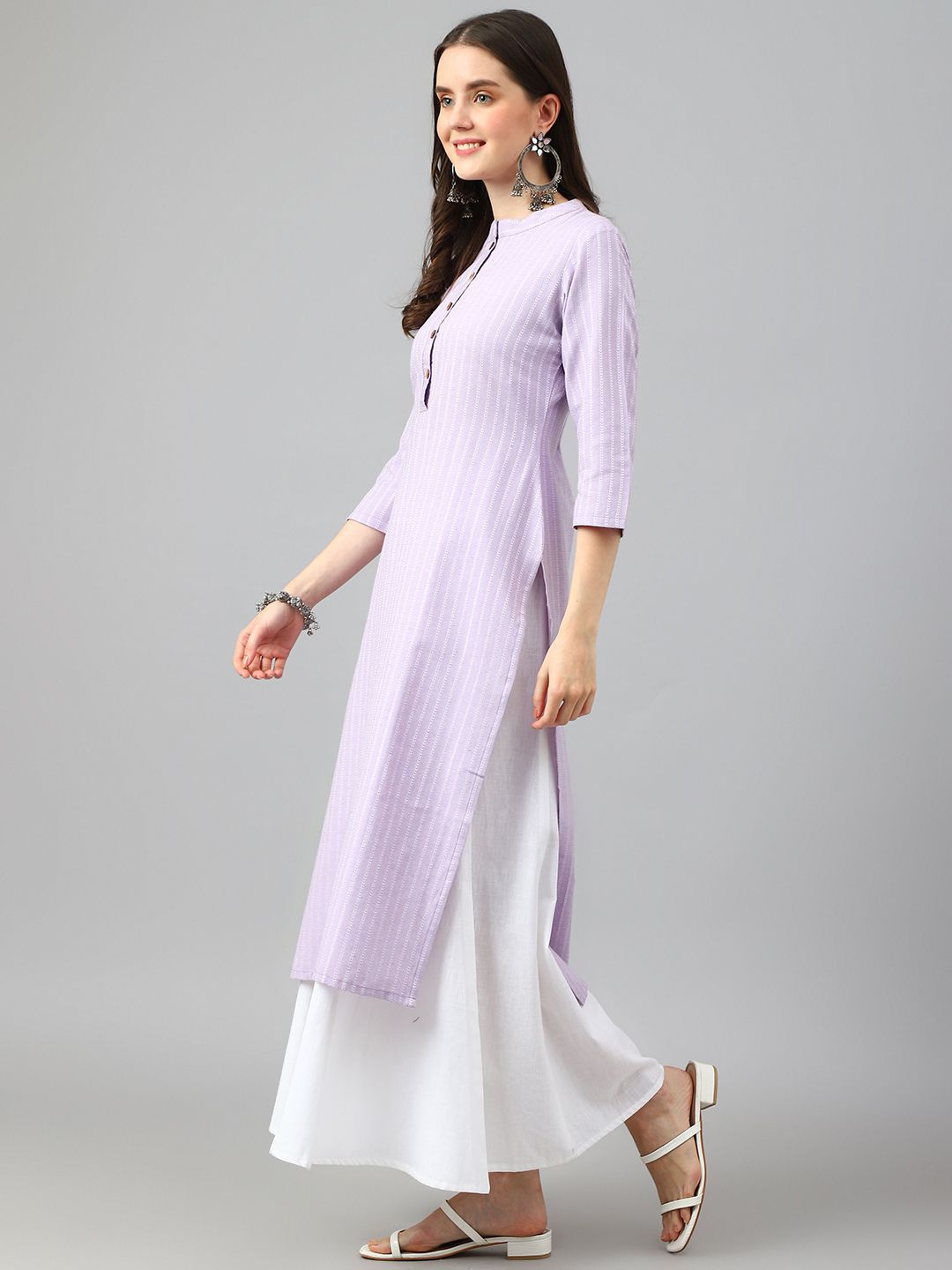 KALINI Striped Mandarin Collar Jacquard Cotton Straight Kurta