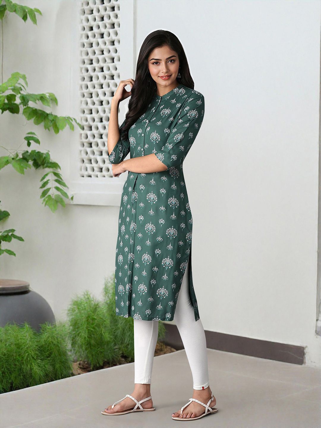 W Women Green & Off-White Printed A-Line Kurta