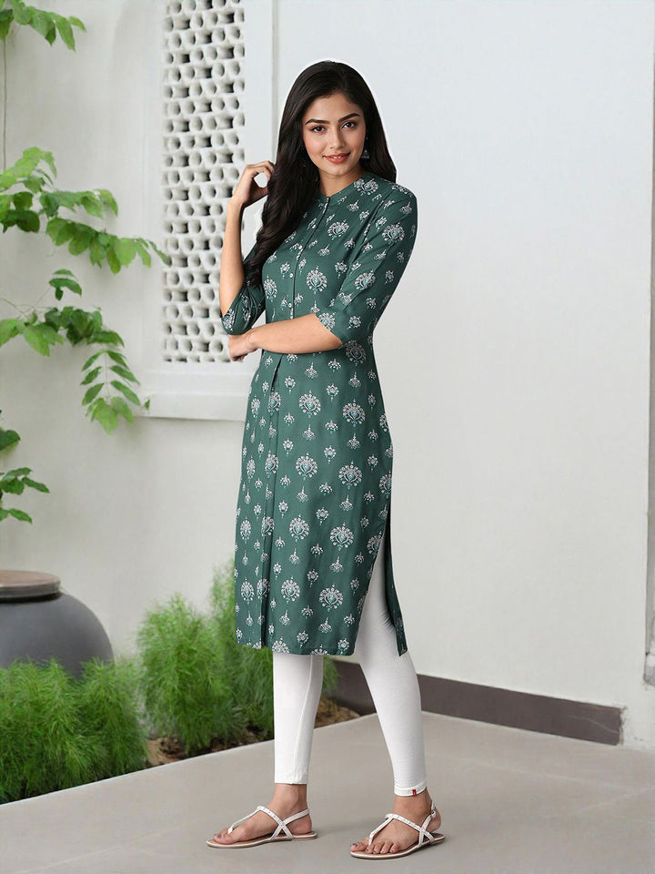 W Women Green & Off-White Printed A-Line Kurta