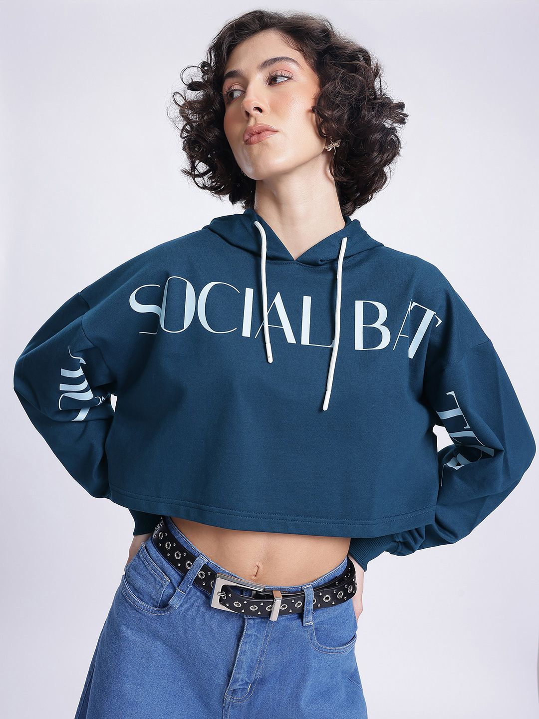 DressBerry Printed Hooded Boxy Crop Sweatshirt