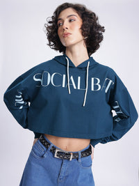 DressBerry Printed Hooded Boxy Crop Sweatshirt