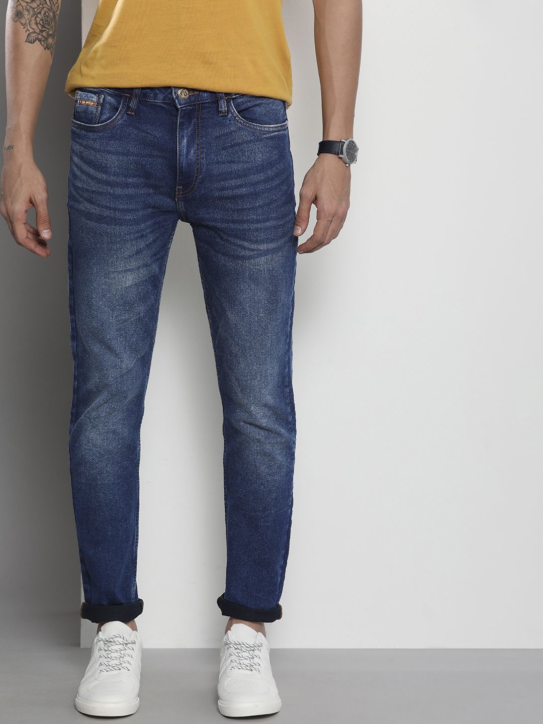 The Indian Garage Co Men Navy Blue Slim Fit Light Fade Stretchable Jeans