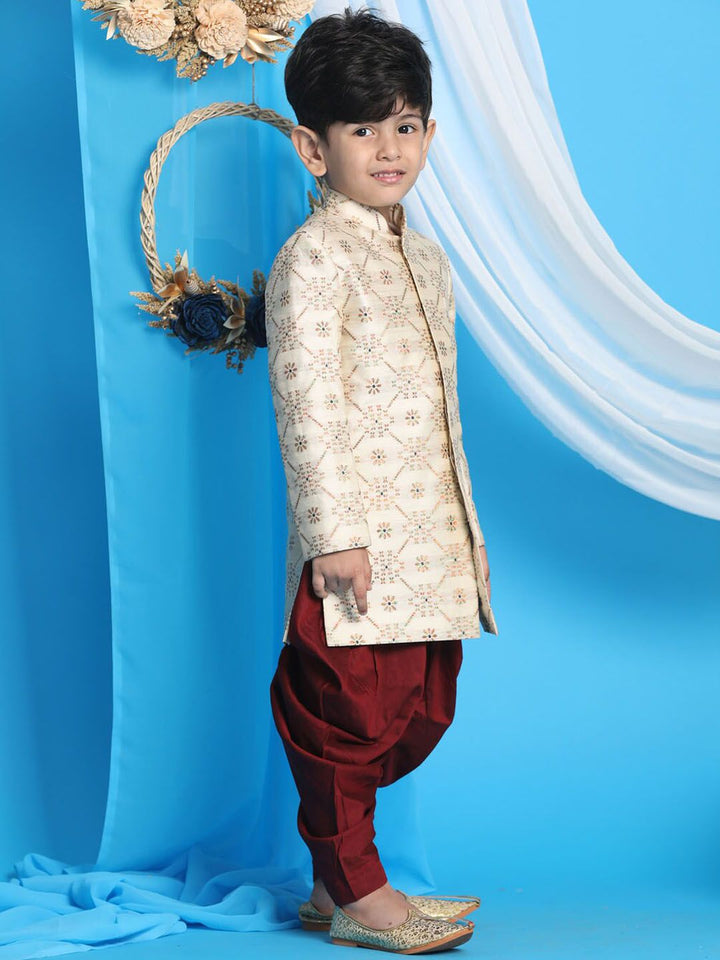 Vastramay Boys Beige & Maroon Printed Slim Fit Sherwani Set