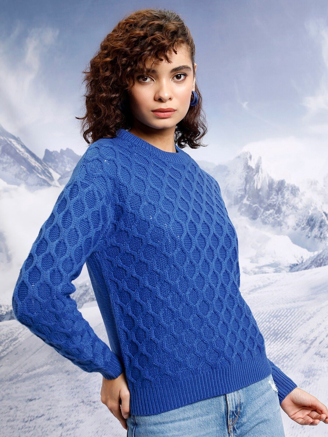 Tokyo Talkies Blue Open Knit Self Design Acrylic Pullover Sweater