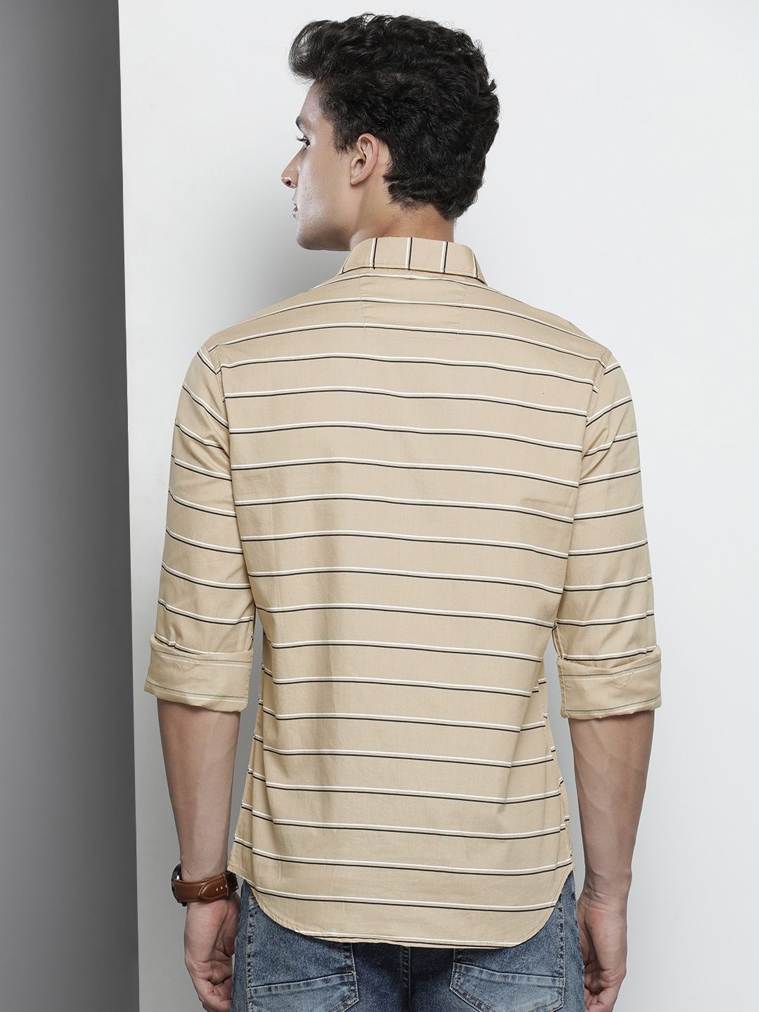The Indian Garage Co Men Beige Horizontal Striped Casual Shirt