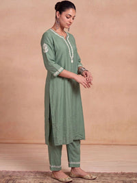 House of Chikankari Women Ethnic Motifs Embroidered Regular Thread Work Chanderi Silk Kurta with Trousers