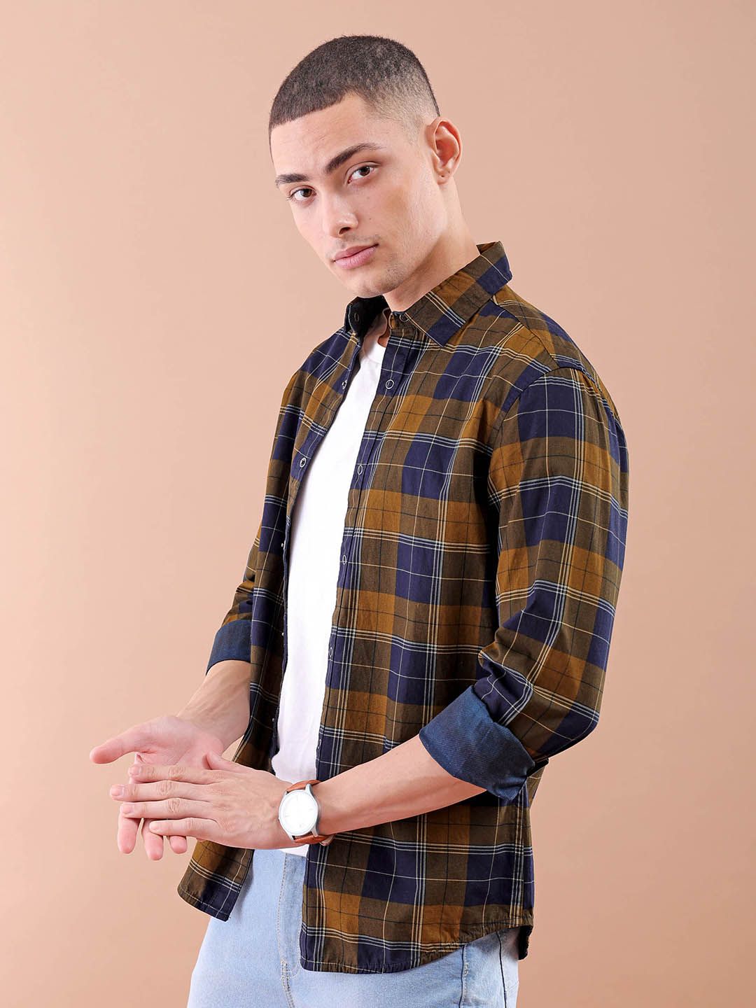 The Indian Garage Co Men Mustard Comfort Checked Cotton Reversible Casual Shirt