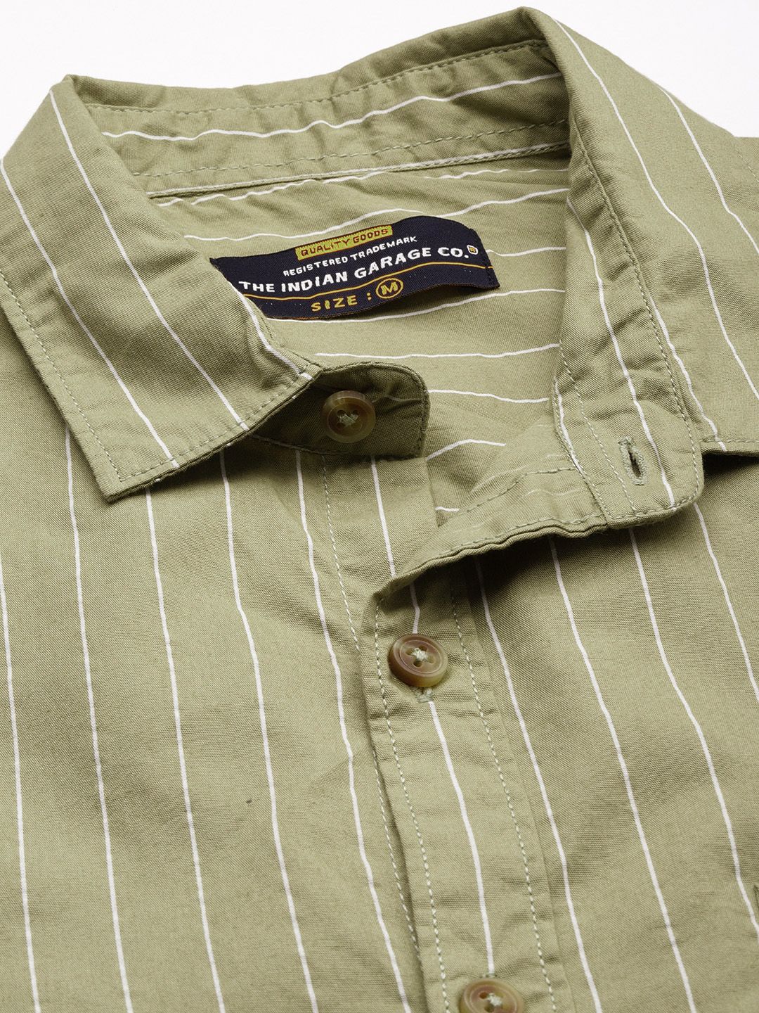 The Indian Garage Co Men Olive Green & White Striped Cotton Casual Shirt