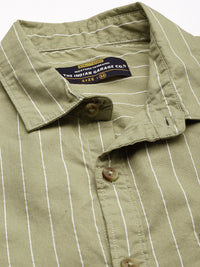 The Indian Garage Co Men Olive Green & White Striped Cotton Casual Shirt