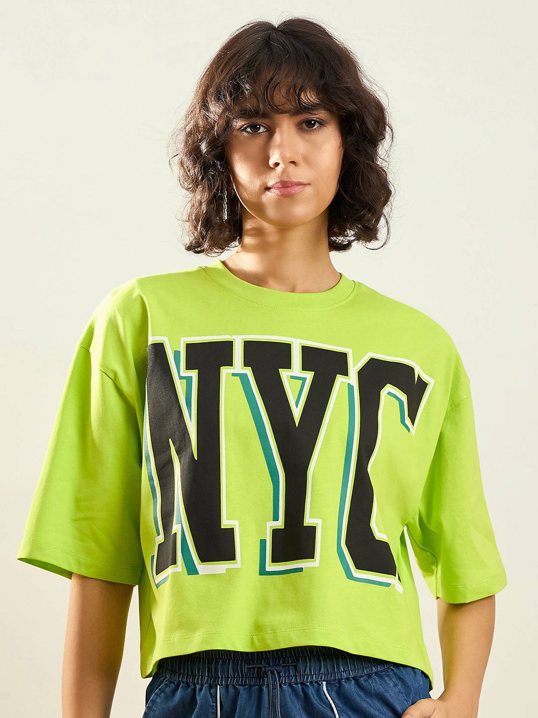 SASSAFRAS Green Typography Printed Round Neck Pure Cotton Oversized Crop T-shirt