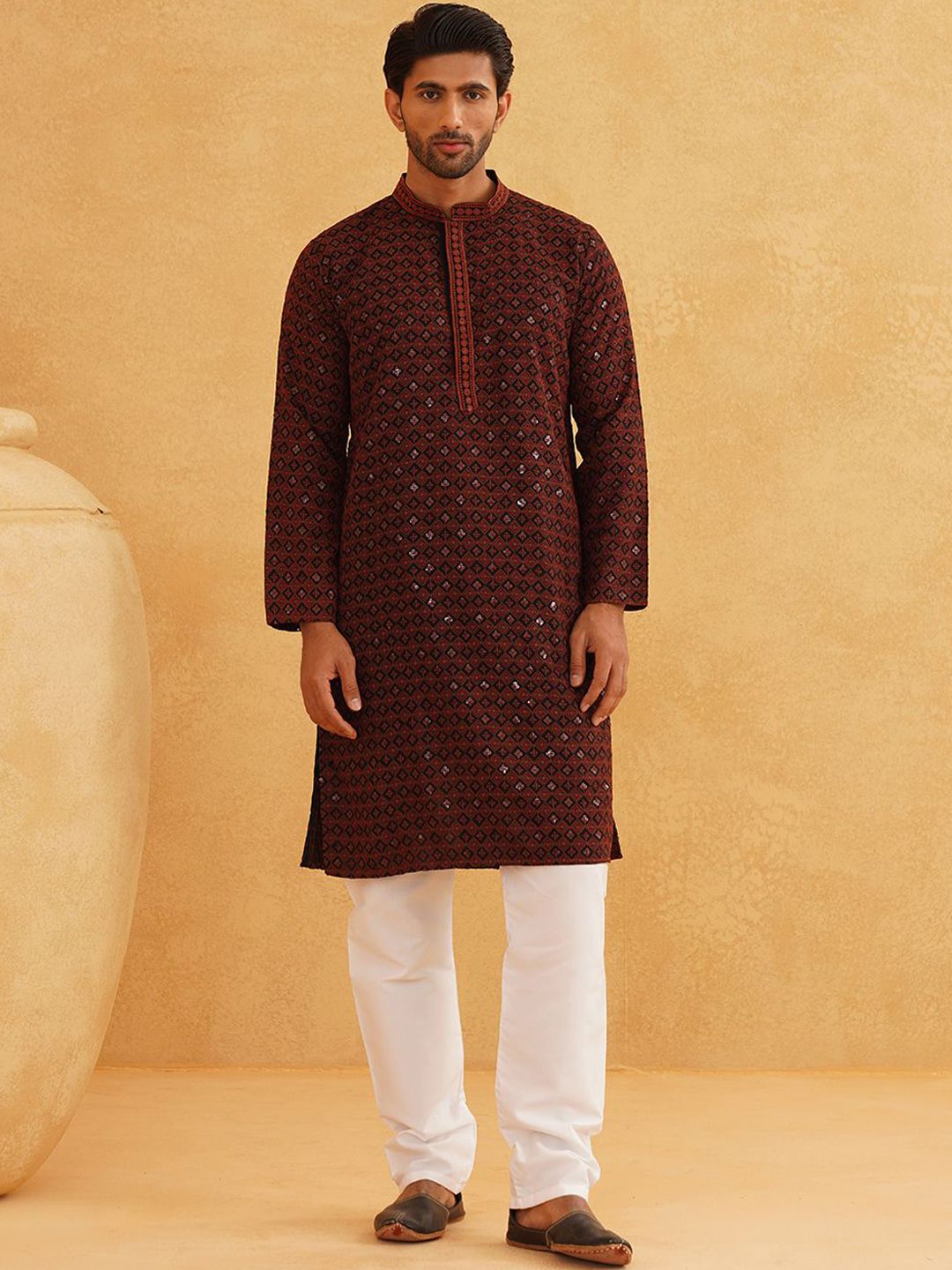 SOJANYA Geometric Embroidered Mandarin Collar Thread Work Pure Cotton Kurta with Churidar