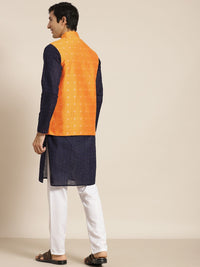 SOJANYA Men Navy Blue Ethnic Motifs Pure Cotton Kurta with Churidar & Nehru Jacket