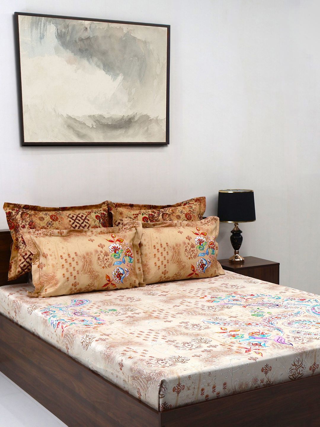 BOMBAY DYEING Ethnicity Beige Ethnic Printed Cotton 300 TC King Bedsheet Set 2.74 x 2.74 m