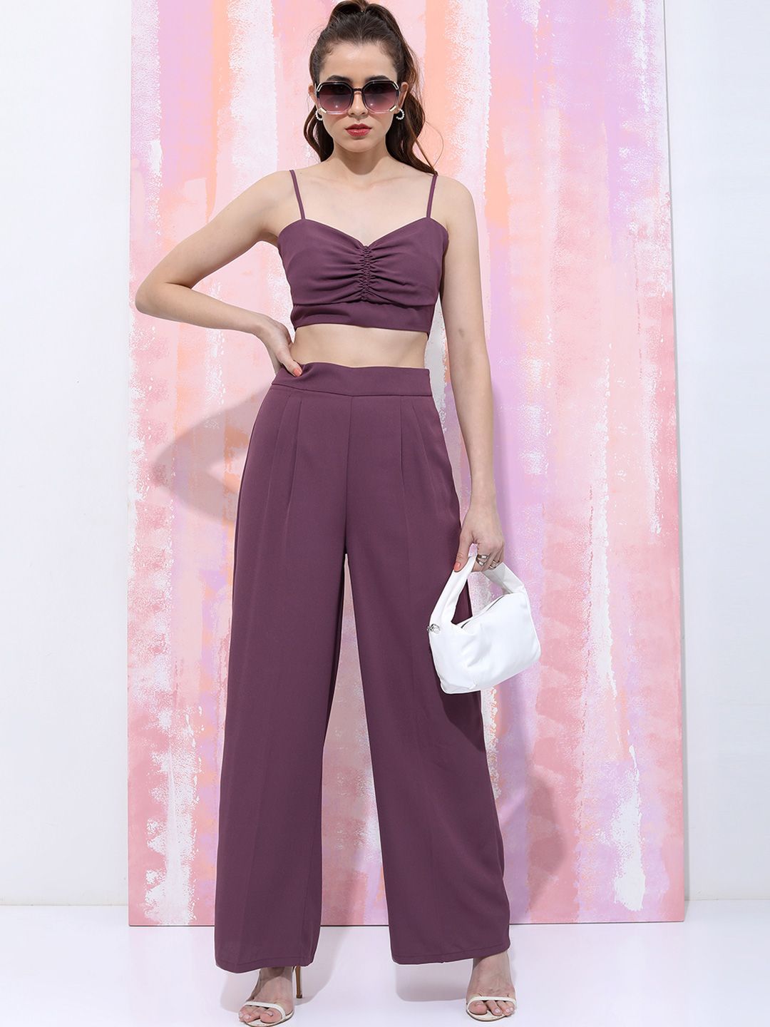 Tokyo Talkies Purple Shoulder Straps Neck Sleeveless Crop Top With Trousers