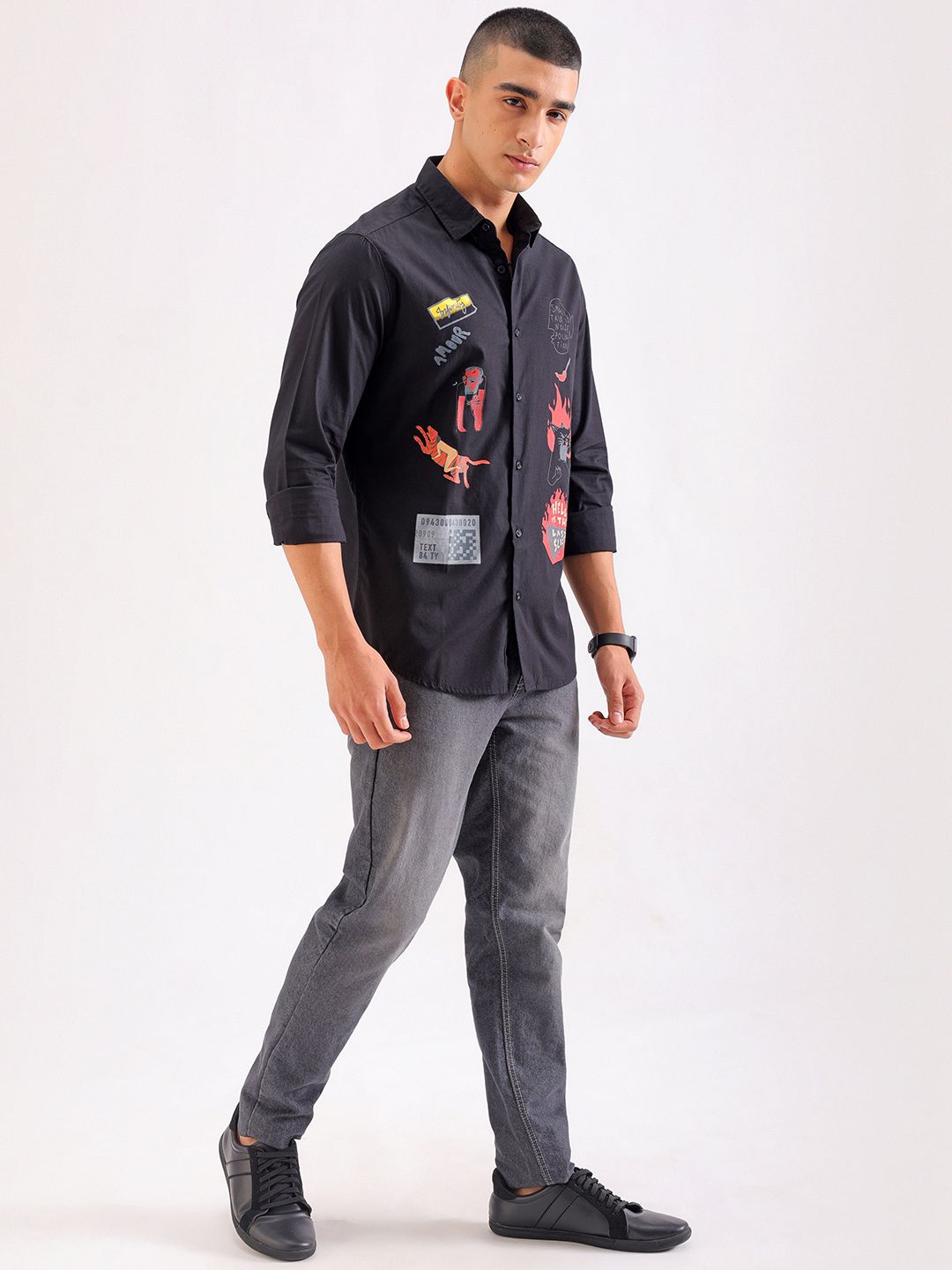 The Indian Garage Co Slim Fit Graphic Printed Spread Collar Pure Cotton Shirt