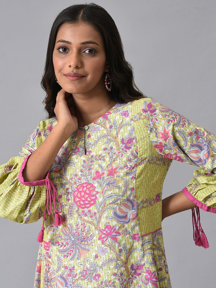 W Puff Sleeves Floral Printed Pleated Anarkali Kurta With Leggings
