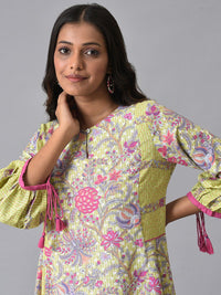 W Puff Sleeves Floral Printed Pleated Anarkali Kurta With Leggings