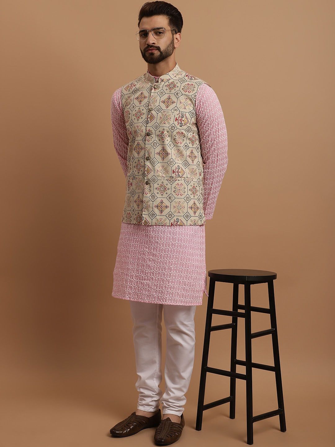 SOJANYA Ethnic Motifs Embroidered Pure Cotton Kurta With Churidar & Nehru Jacket