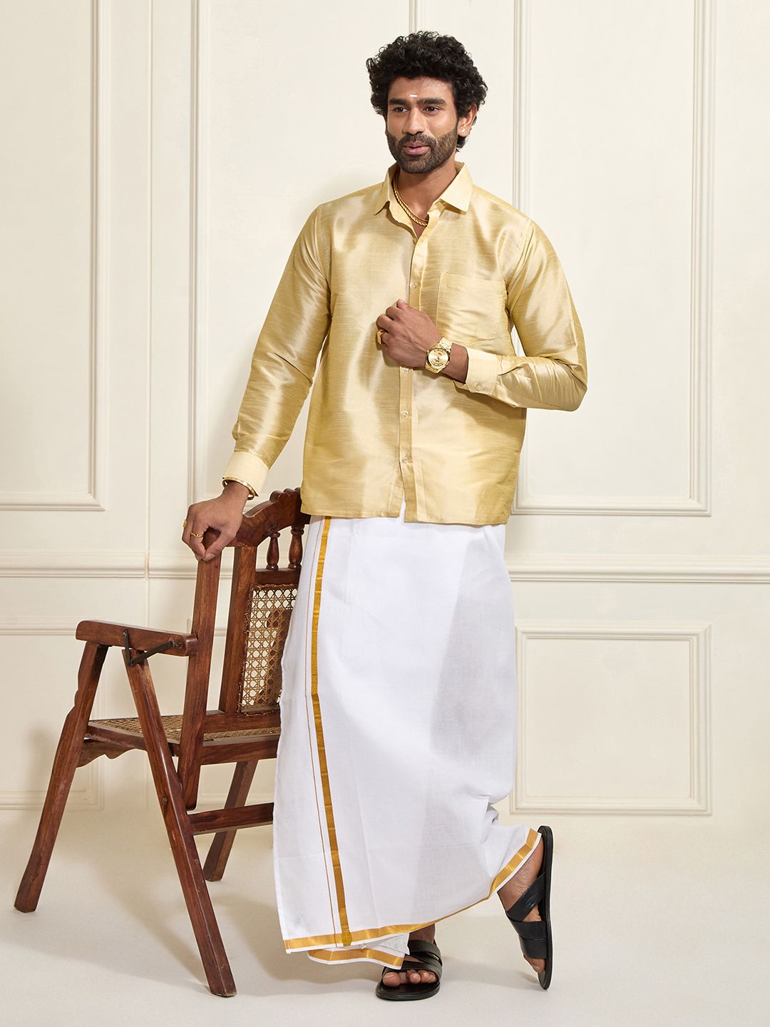 VASTRAMAY Men Gold Solid Ethnic Shirt