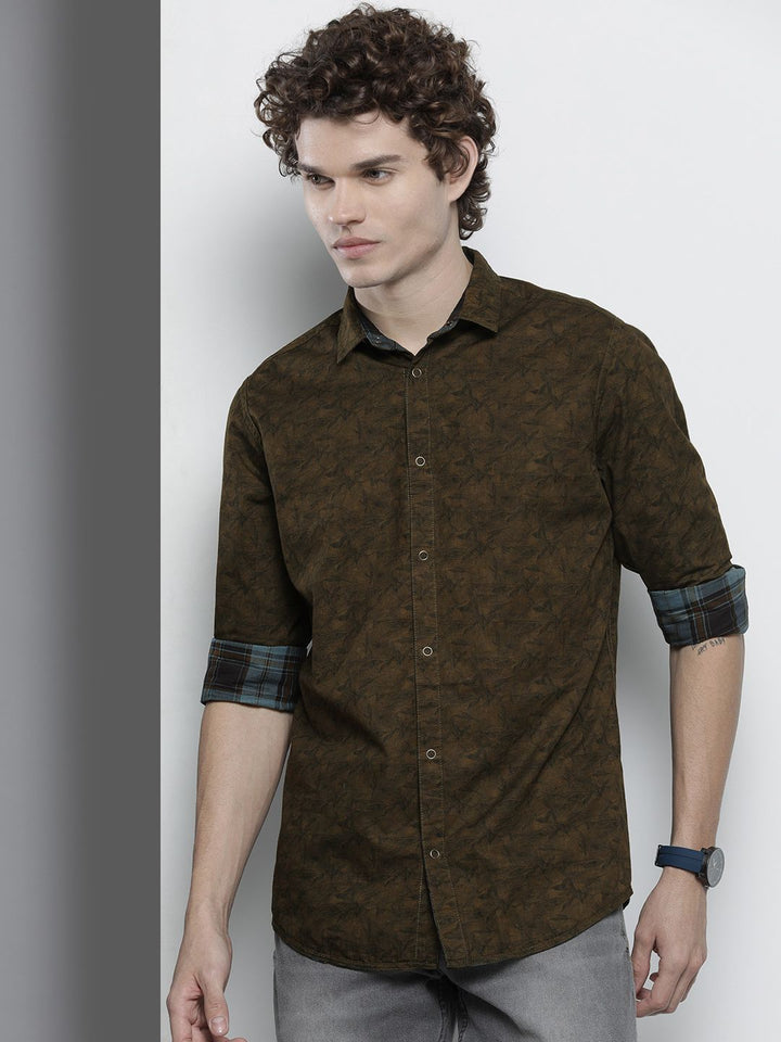 The Indian Garage Co Men Blue & Coffee Brown Comfort Reversible Checked FloralCotton Shirt