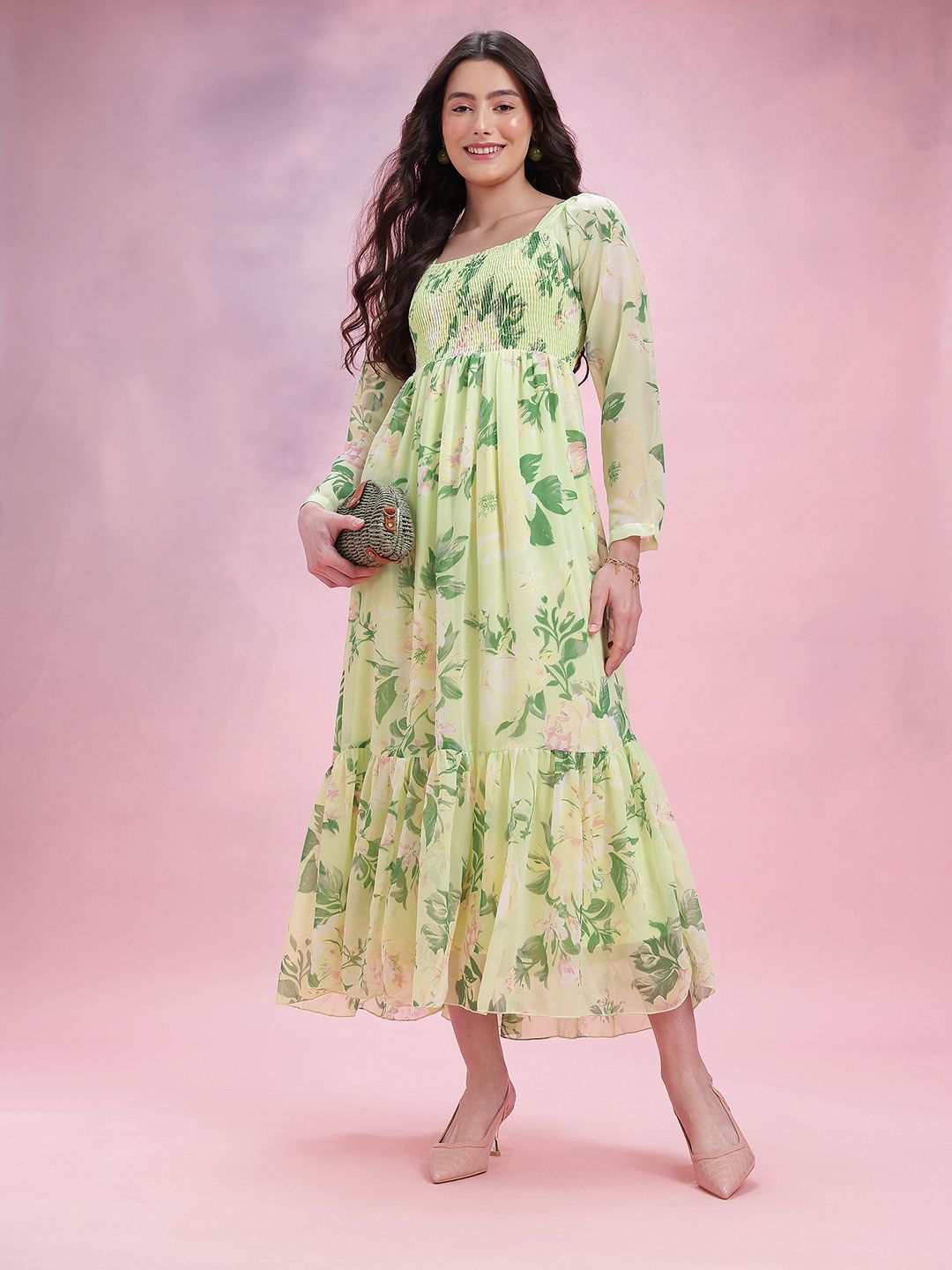 DressBerry Floral Print Square Neck Pleated Smocked Midi Dress