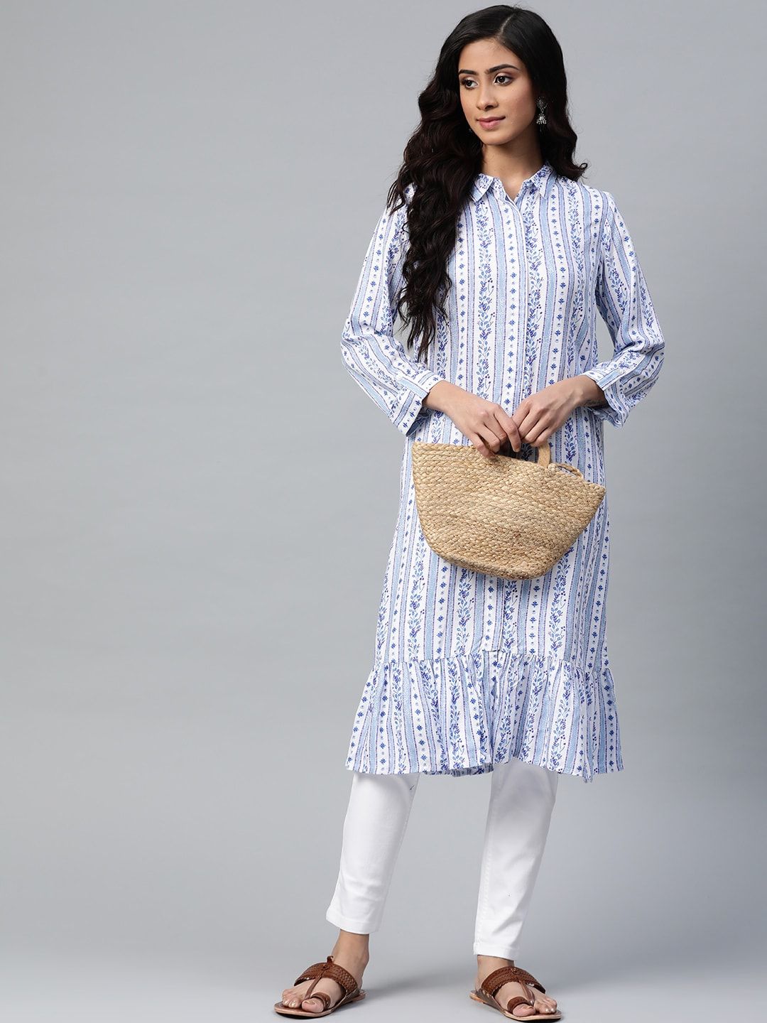 Global Desi Women White & Blue Striped Roll-Up Sleeves A-Line Kurta