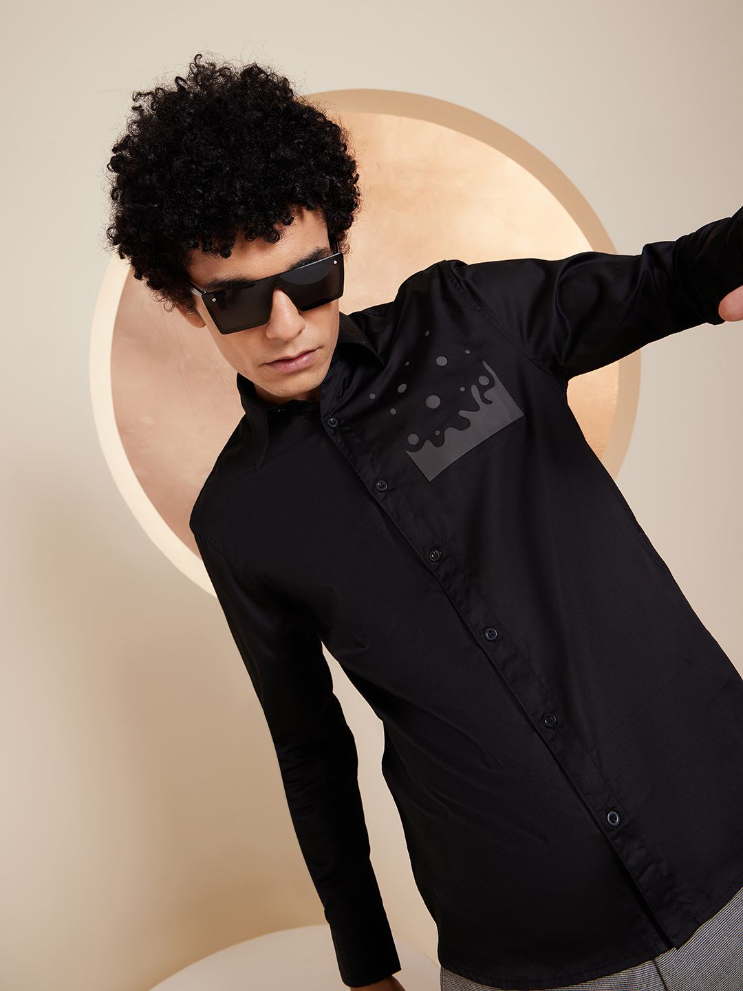 DENNISON Smart Abstract Printed Spread Collar Long Sleeve Cotton Shirt