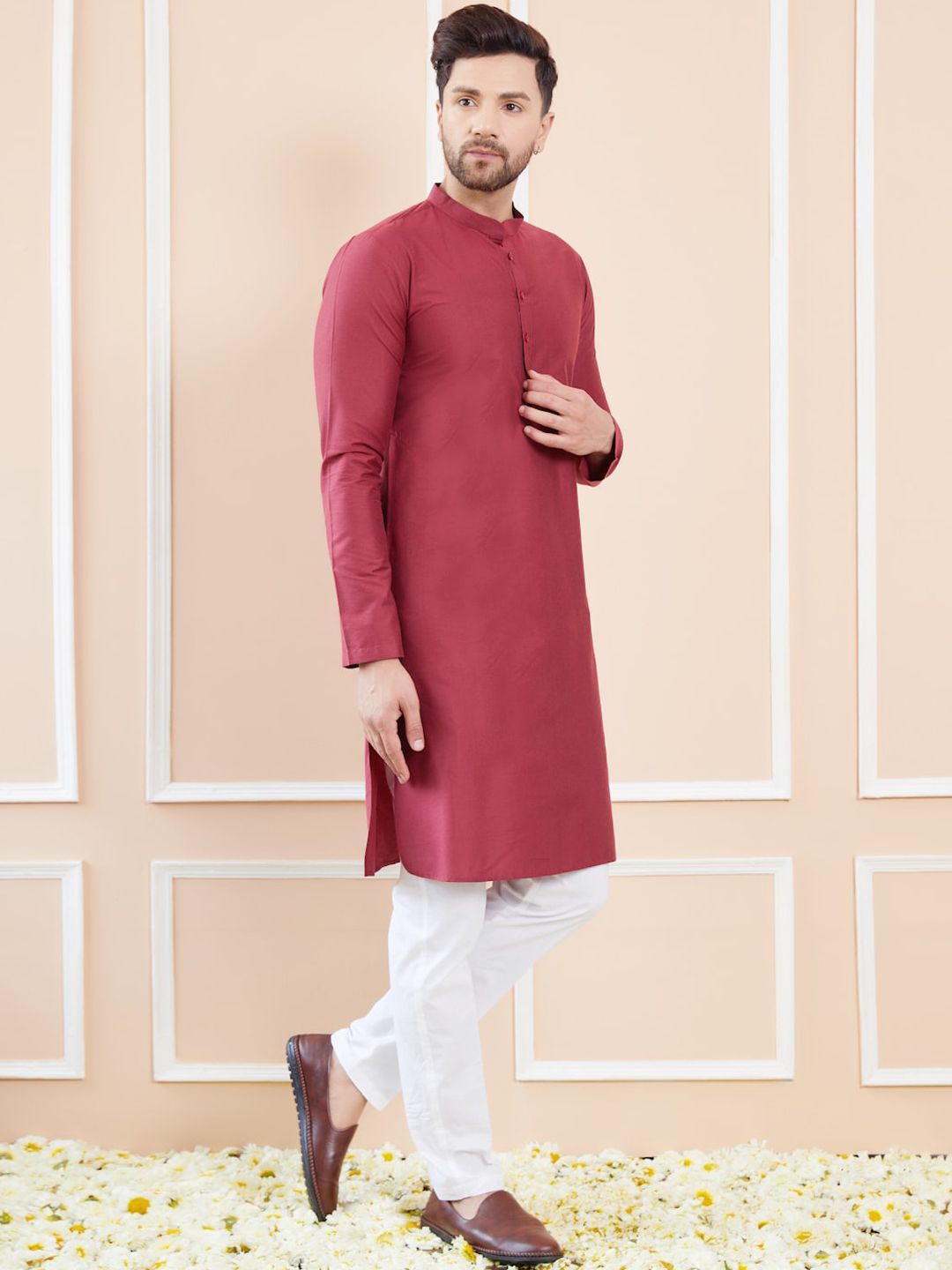 See Designs Mandarin Collar Long Sleeves Pure Cotton Straight Kurta With Pyjamas
