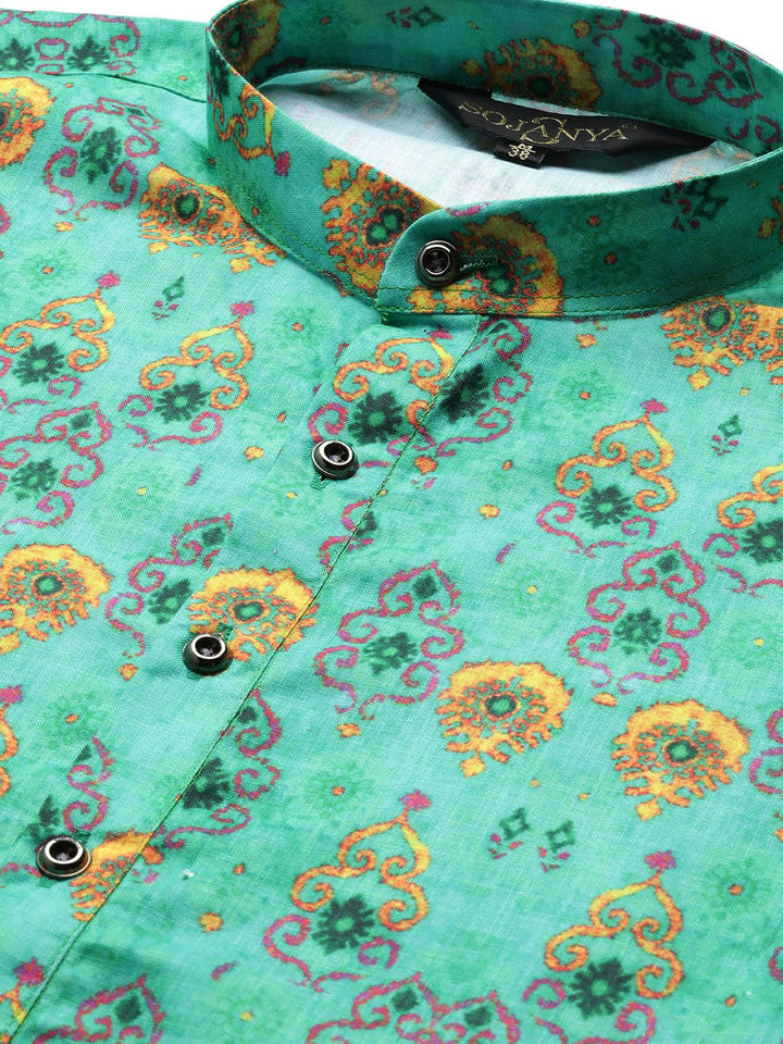SOJANYA Men Green & Mustard Yellow Ethnic Motif Print Straight Kurta