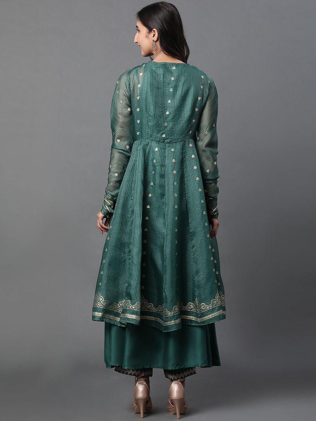 W Floral Embroidered Anarkali Thread Work Kurta With Palazzos