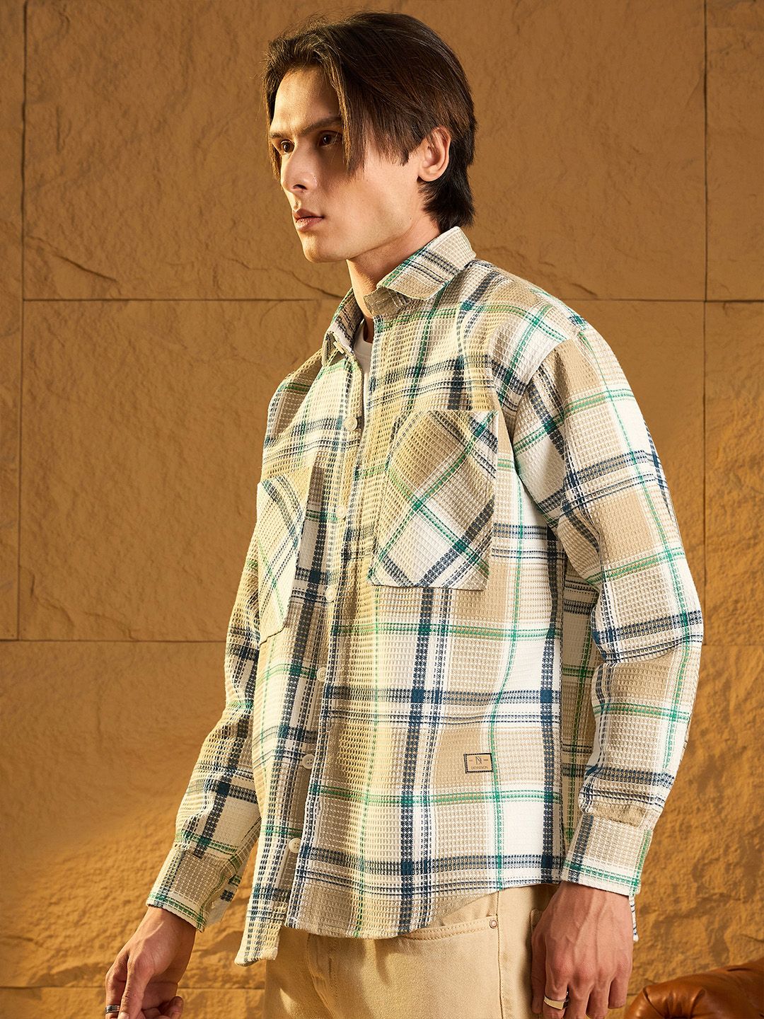 DENNISON Men Double Pocket Drop Shoulder Oversized Cotton Checked Shacket