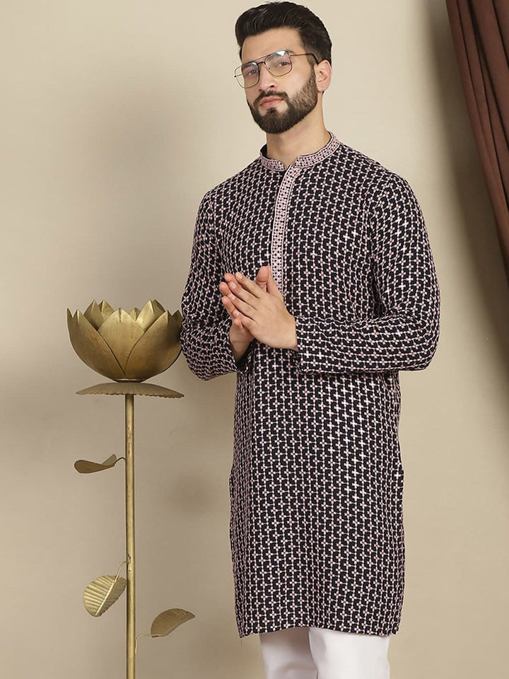 Anouk Geometric Printed Mandarin Collar Long Sleeves Thread Work Kurta